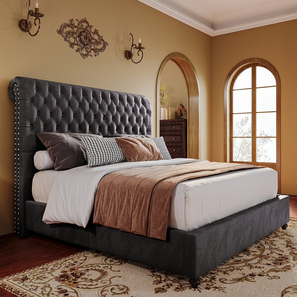 Velvet Bed Frame with Button Tufted 52.8" Tall Sleigh Headboard