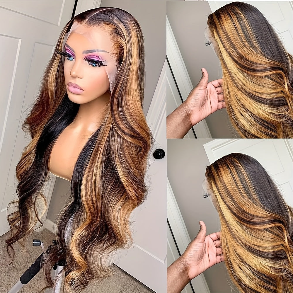 Honey Blonde 13x4 HD Transparent Lace Front Wigs 4/27 Body Wave Human Hair Wig Ombre Highlight Lace Front Human Hair Pre Plucked With Baby Hair For Women