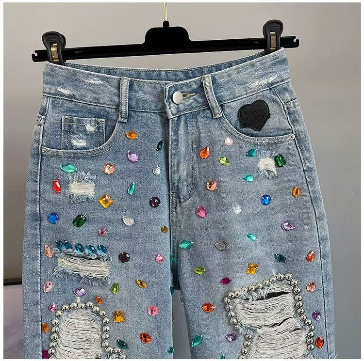 High-Waist Rhinestone Capris