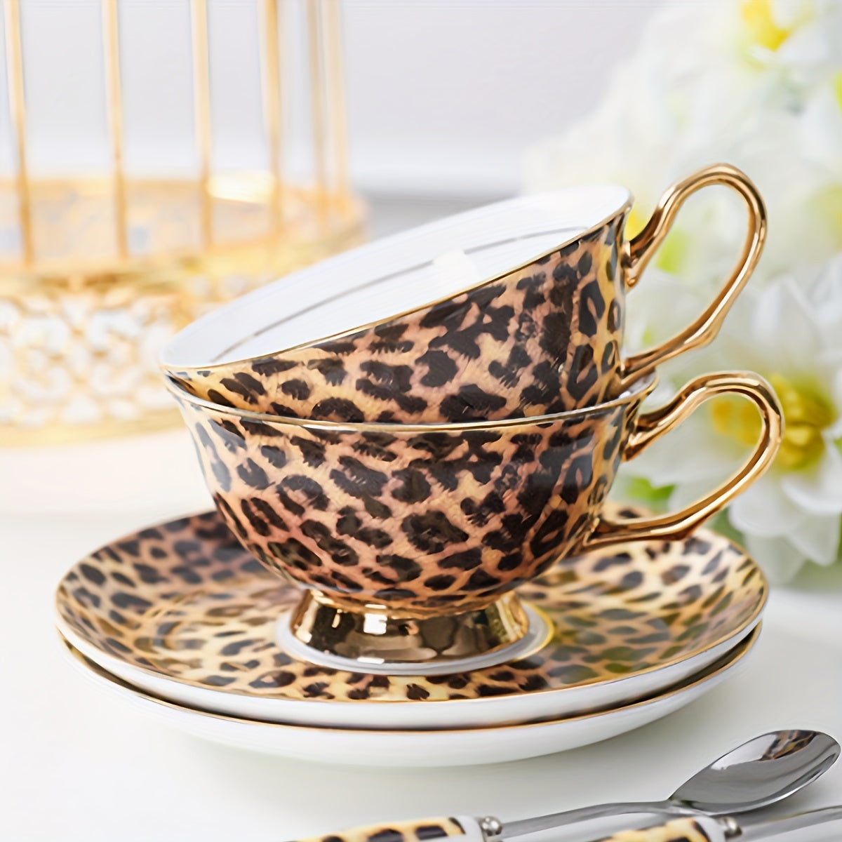Leopard Print Ceramic Tea Cup、Spoon And Saucer Set