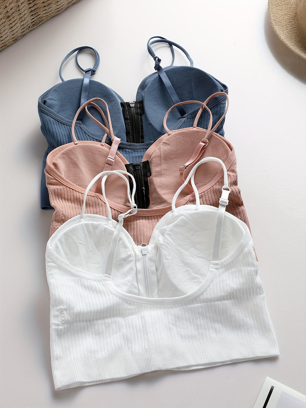 {3pcs} Basic Front-Zip Round Cup Casual Cami Tank Tops