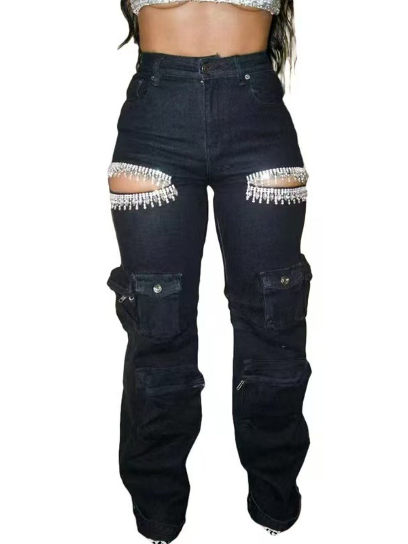 Slim-Fit Overalls Jeans with Hollow Diamond Embellishments & Multiple Pockets