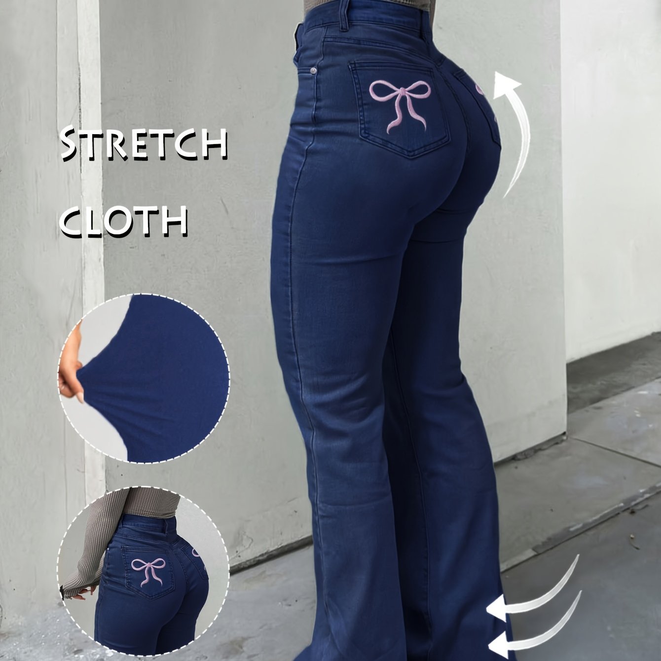 Women'S High-Waisted Stretch Denim Flare Jeans with Embroidered Bow Detail, Street Style Casual Pants, All-Season Comfort, Blue, High Waisted Jeans, Comfortable Fashion, Durable Fabric