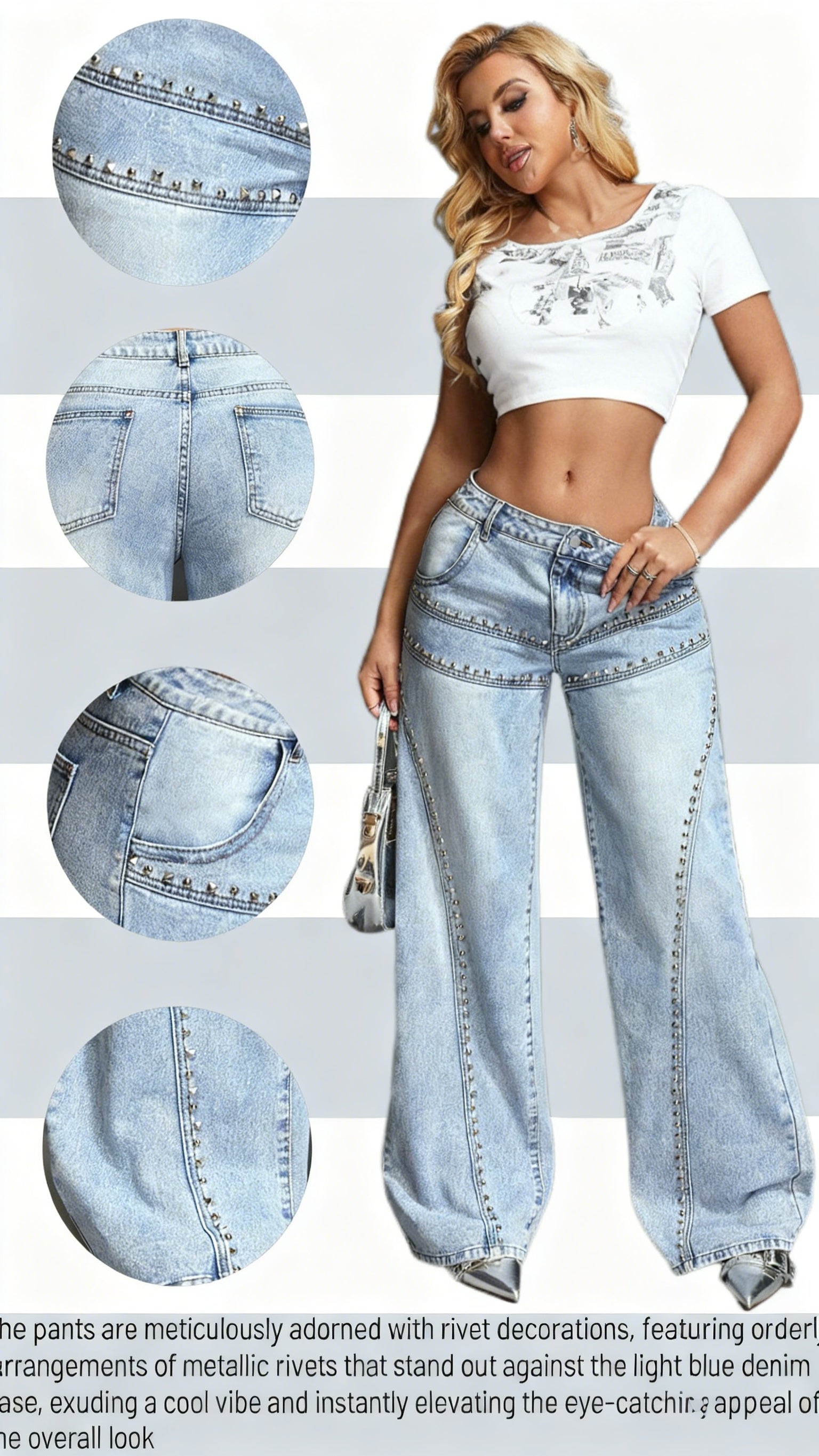 Pocket Stud Inlaid Loose Wide Leg Jeans