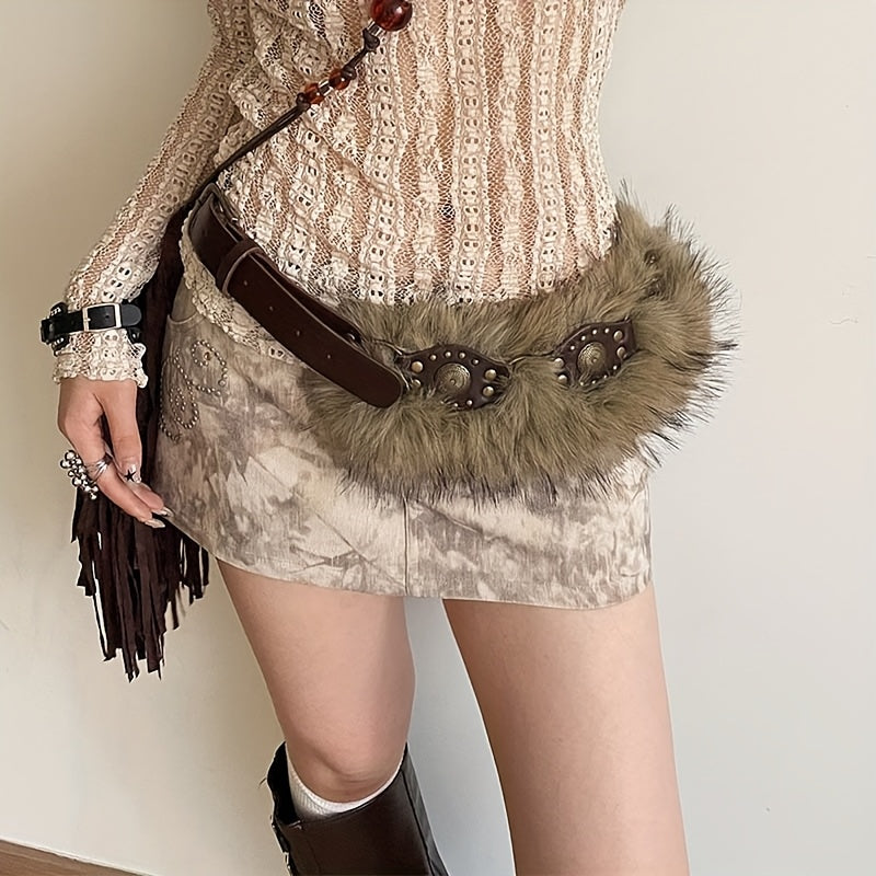 PU Belt - Coffee Brown With Fluffy Fur Accent