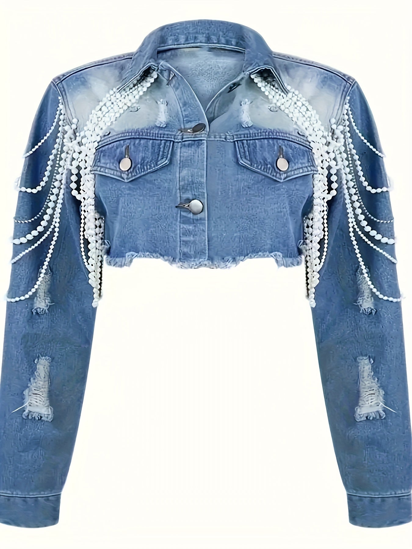 Light Blue Denim Jacket with Pearl Chains