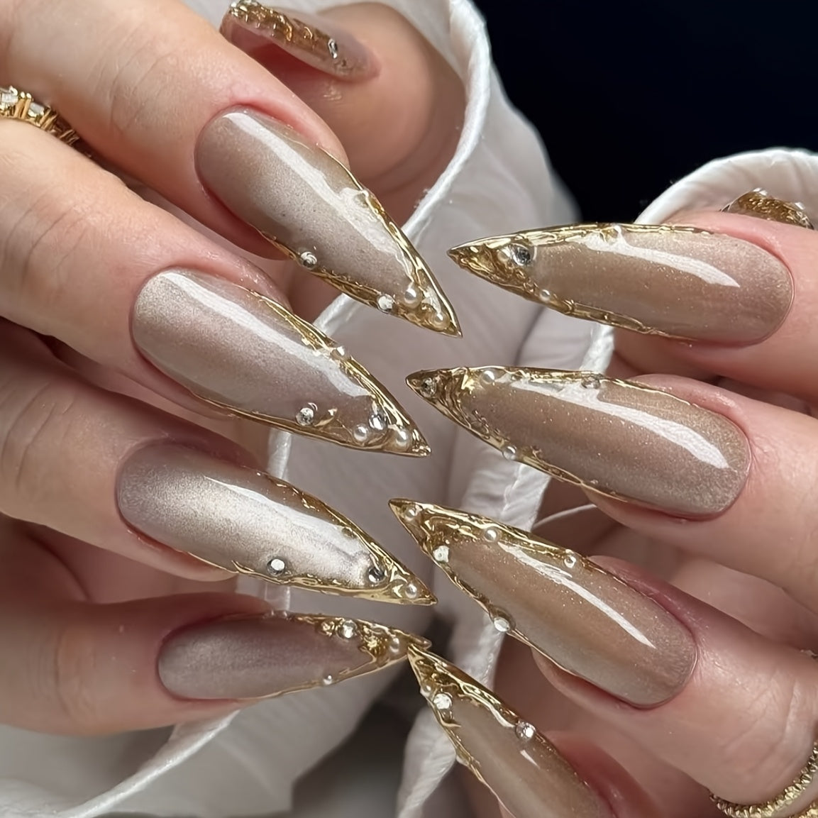 Set of 10 Handmade Press-On Nails Stiletto Shape in Champagne And Golden French Styles, Adorned with Luxurious Crystals And Shiny Pearls