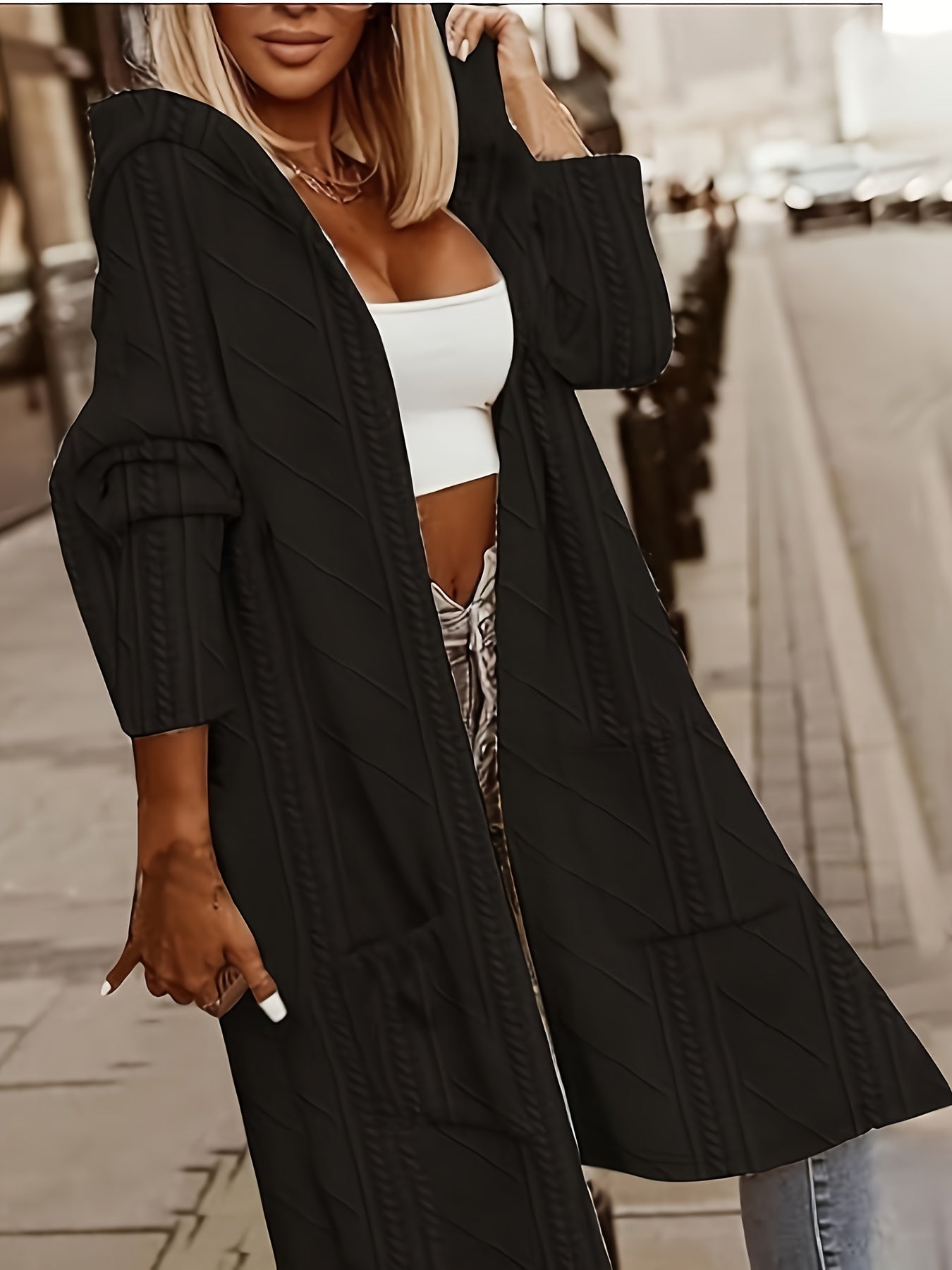 Long Hooded Cardigan with Pockets