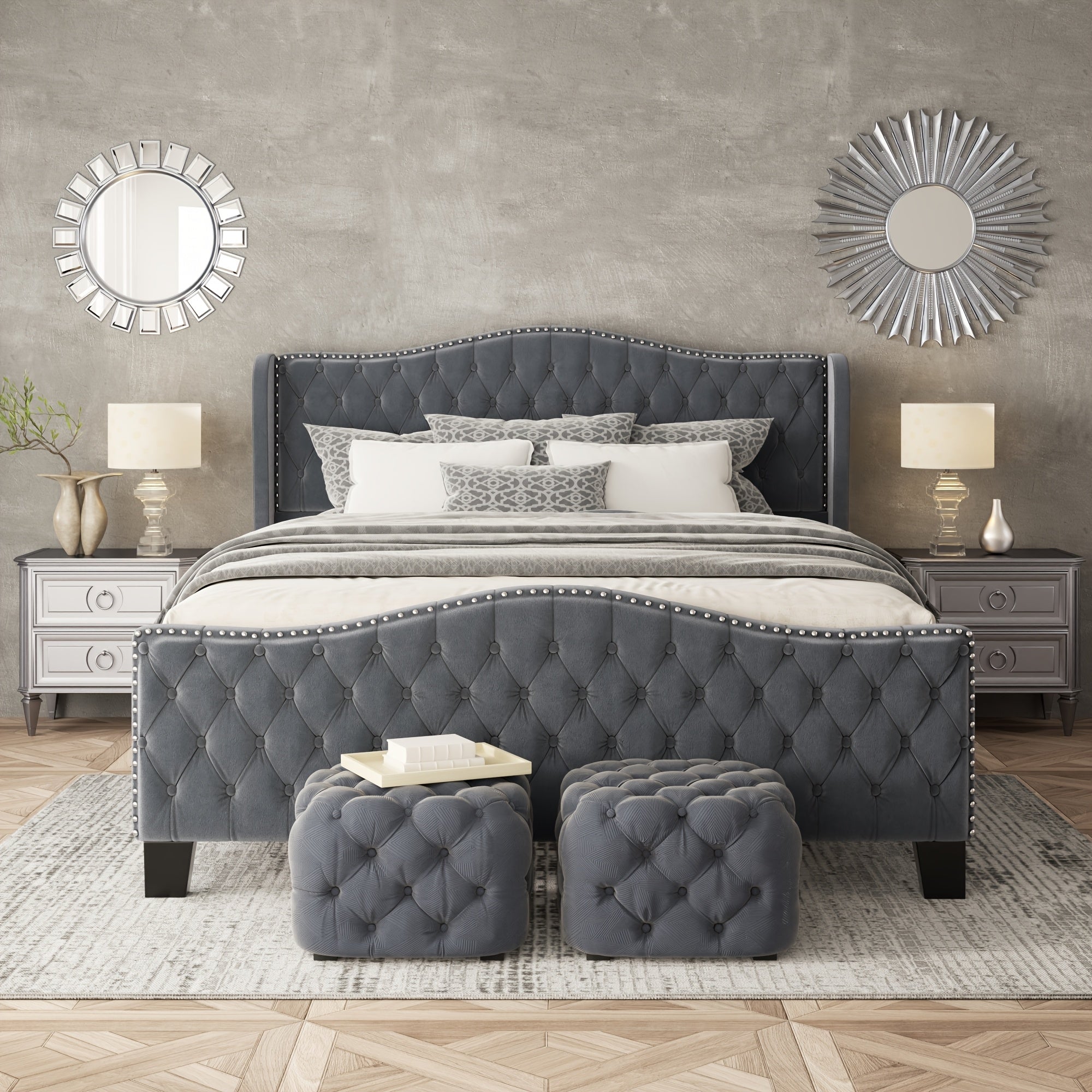 Queen Tufted Velvet Bed Frame with Wingback Headboard & Nailhead Trim
