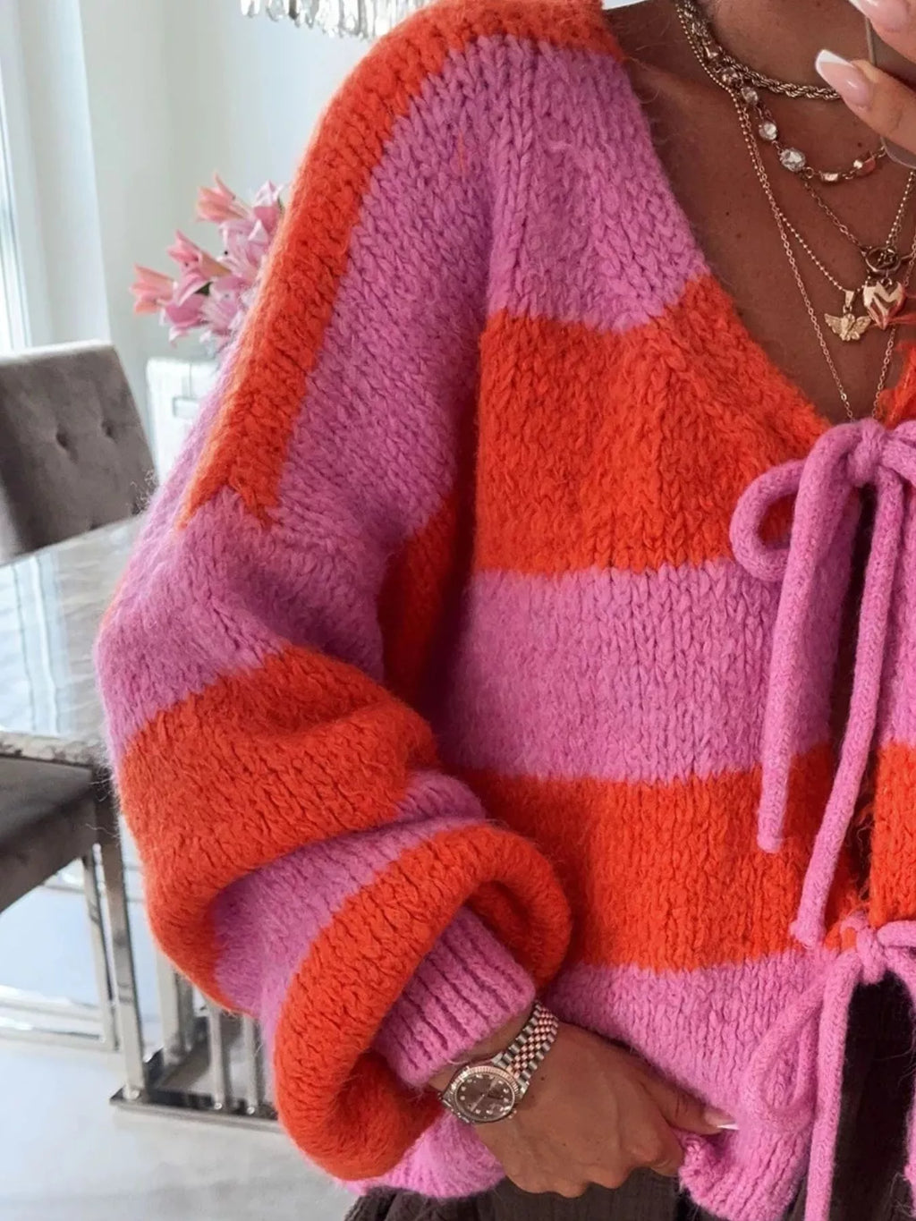 Striped Tie-Front Knit Cardigan