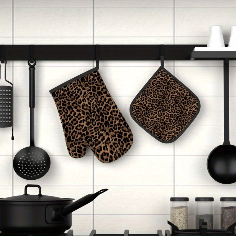 {2pcs} Heat-Resistant Oven Mitts & Pot Holders - Leopard Print Kitchen Gloves