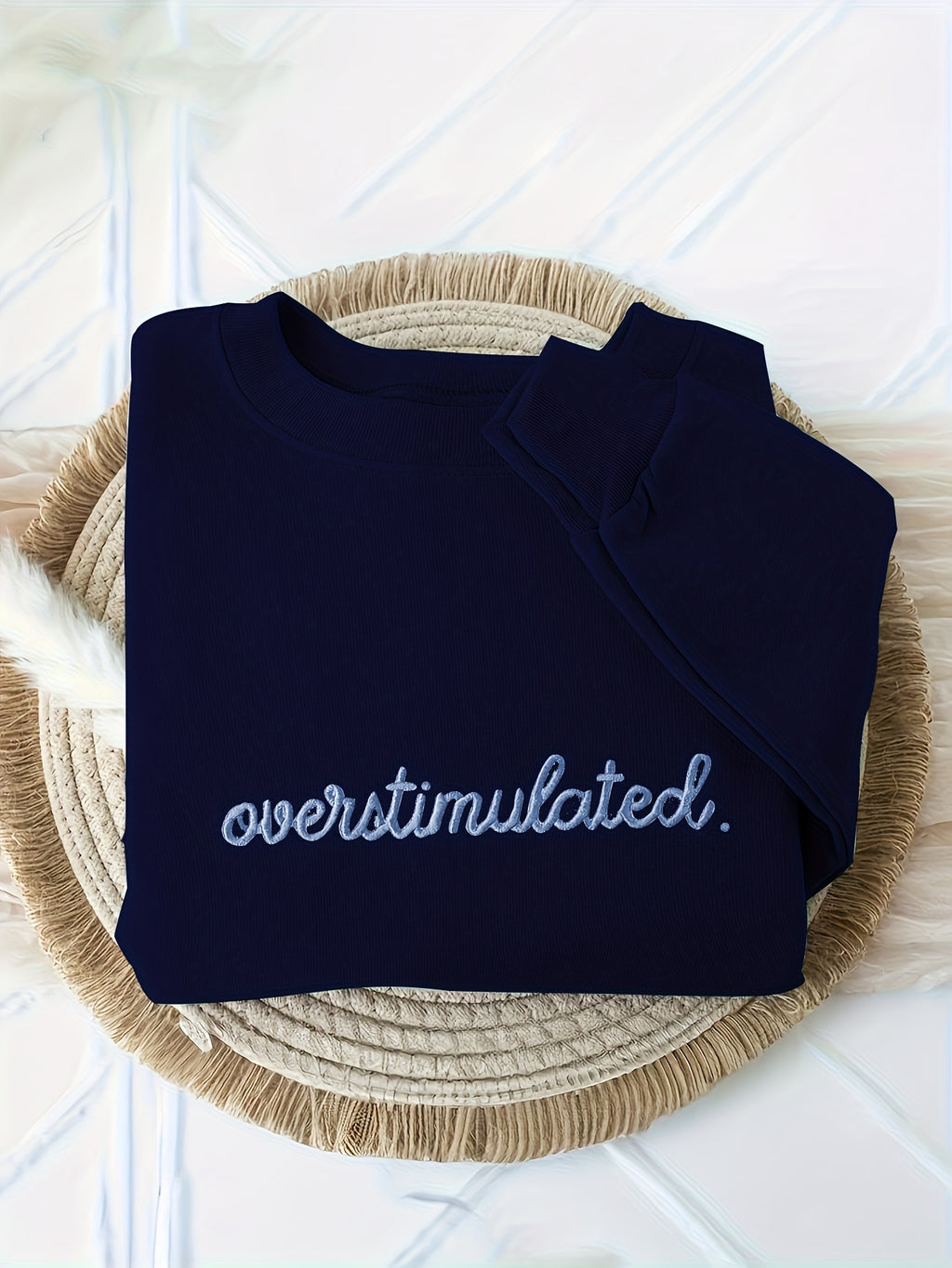 Women'S Sporty Casual Letter Print Crew Neck Sweatshirt - Cozy Fleece-Lined, Machine Washable, Black with "OVERSTIMULATED" Design, Perfect for Fall/Winter, Casual Sportswear | Relaxed Fit Sweatshirt | Machine Washable Top, Sw