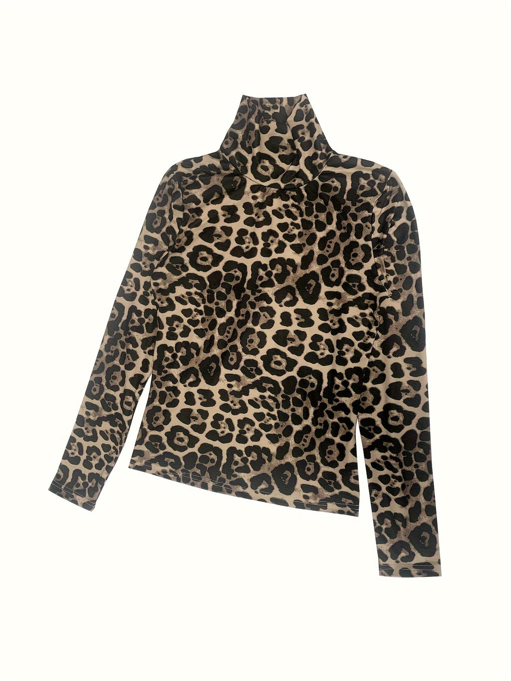 Leopard Print Polyester Stretch Knit Turtleneck