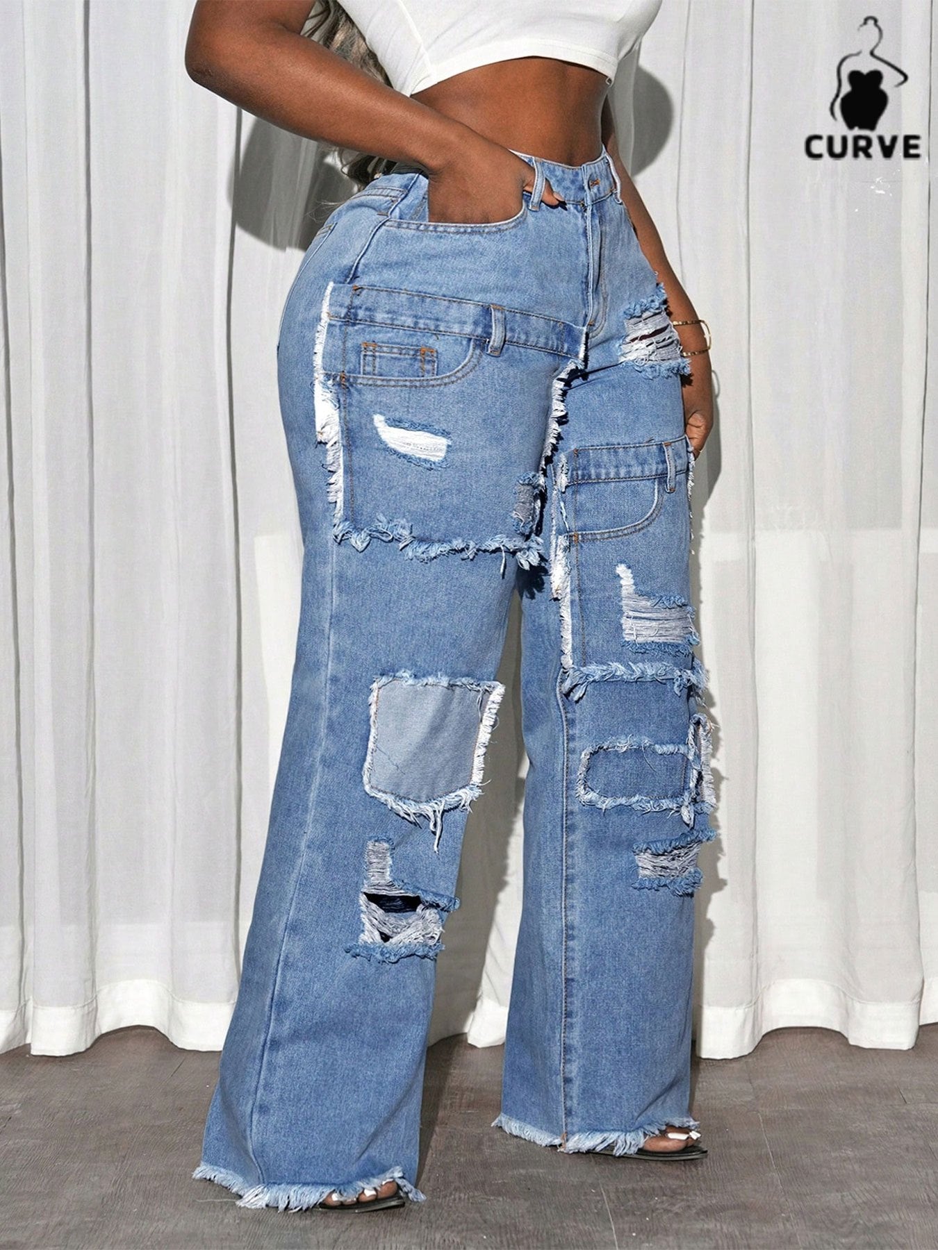 High-Waisted Wide-Leg Distressed Jeans
