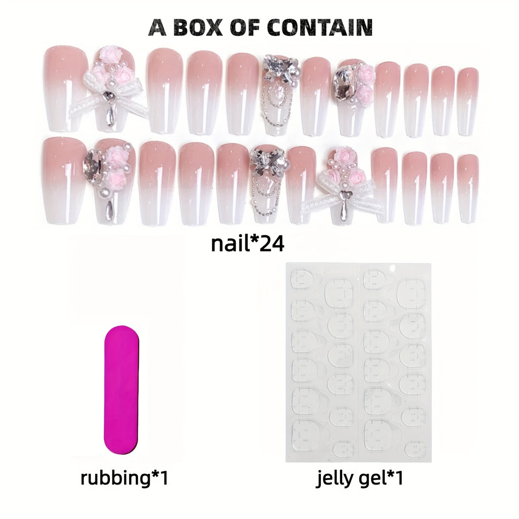 [24pcs} Spring and Summer Pink Gradient Flower Lace Bow Medium Ballet Shaped Nails