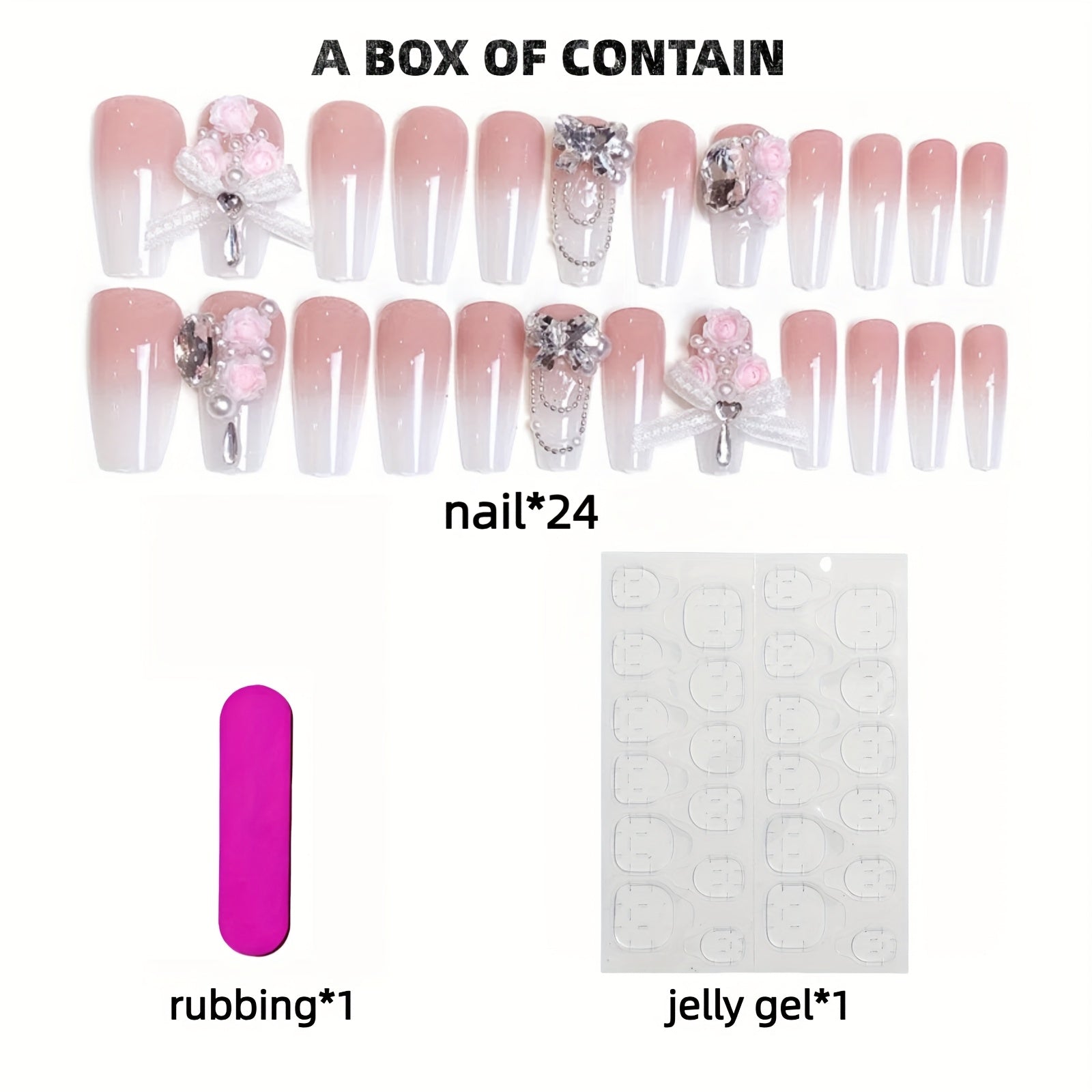 [24pcs} Spring and Summer Pink Gradient Flower Lace Bow Medium Ballet Shaped Nails