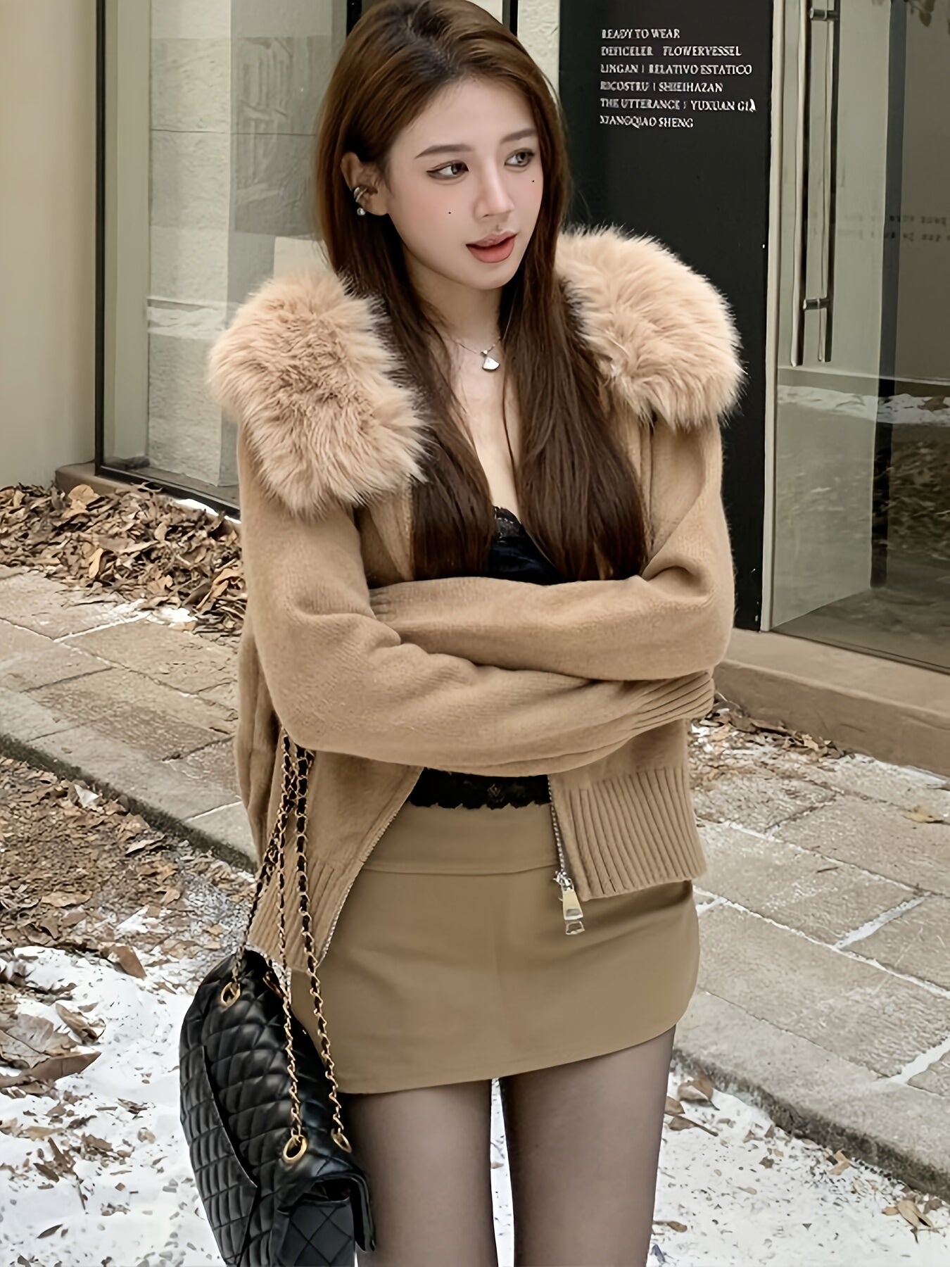 Hooded Zip-Up Cardigan with Faux Fur Trim