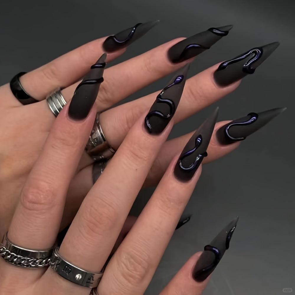 10pcs Handmade Press-On Nails - Black Matte Finish with 3D Purple Snake Design