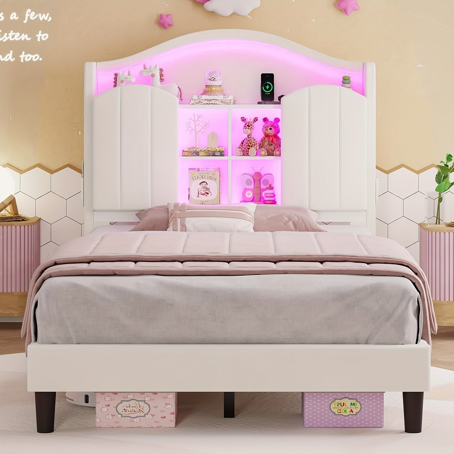 Upholstered Princess Twin Bed with LED Lights & Power Outlts