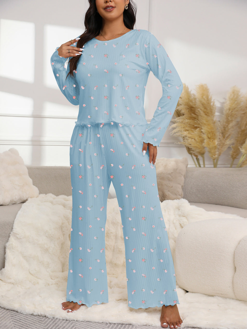 Floral Print Textured Fabric Long Sleeve Pantsuit for Autumn and Winter