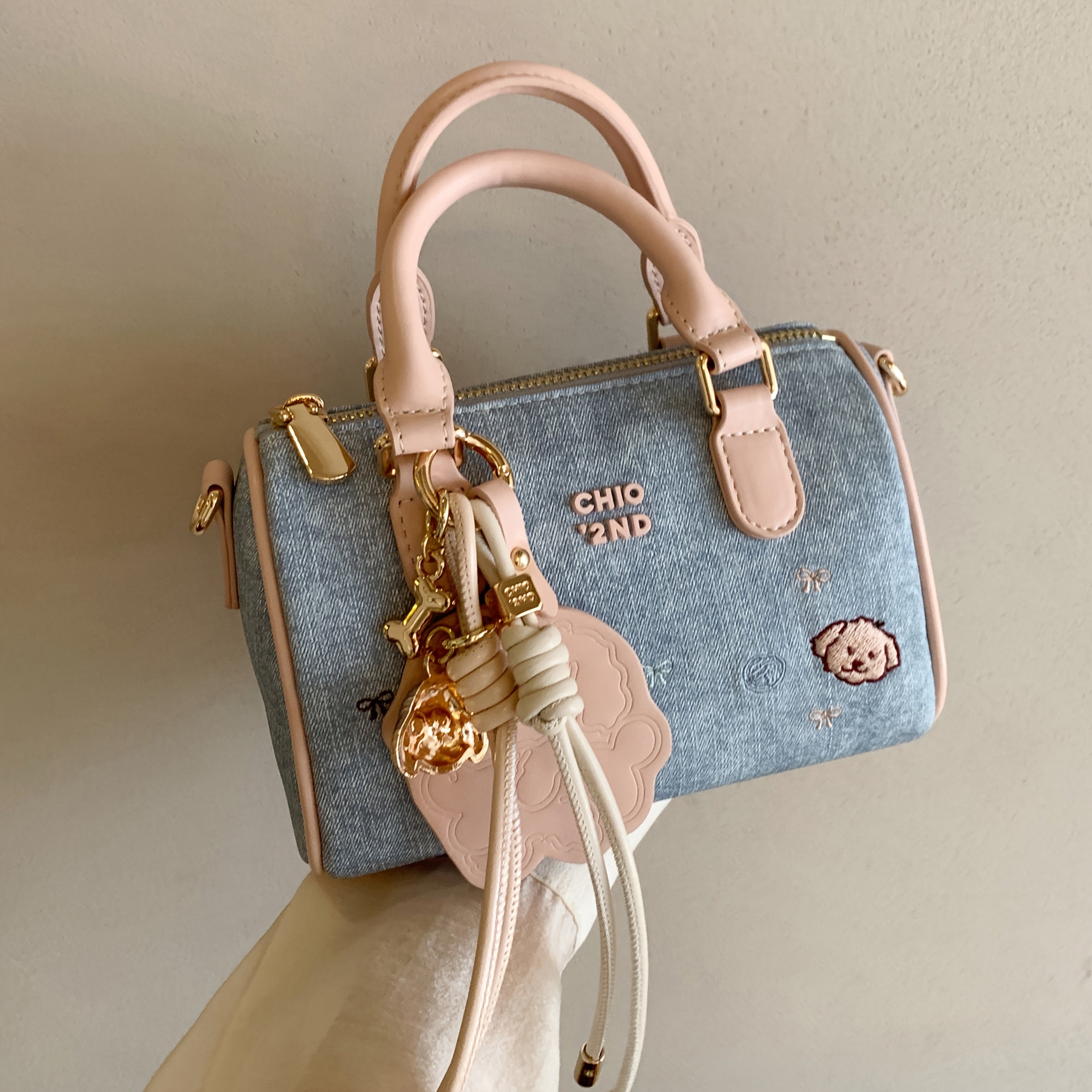 Handbag with Golden-Tone Hardware & Cute Pink Bead-like Charm