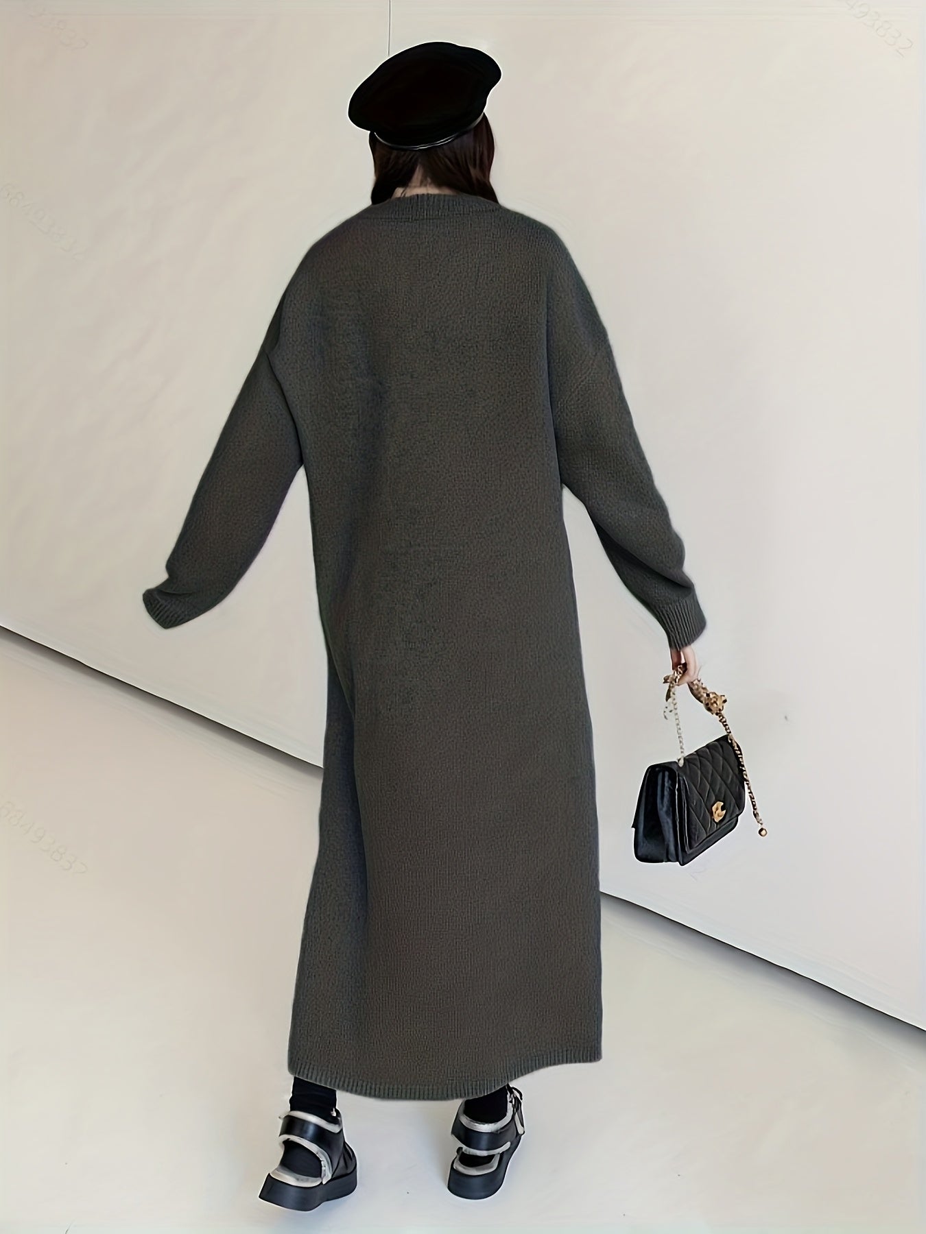 Long Sleeve Crew Neck Dress with Side Slit