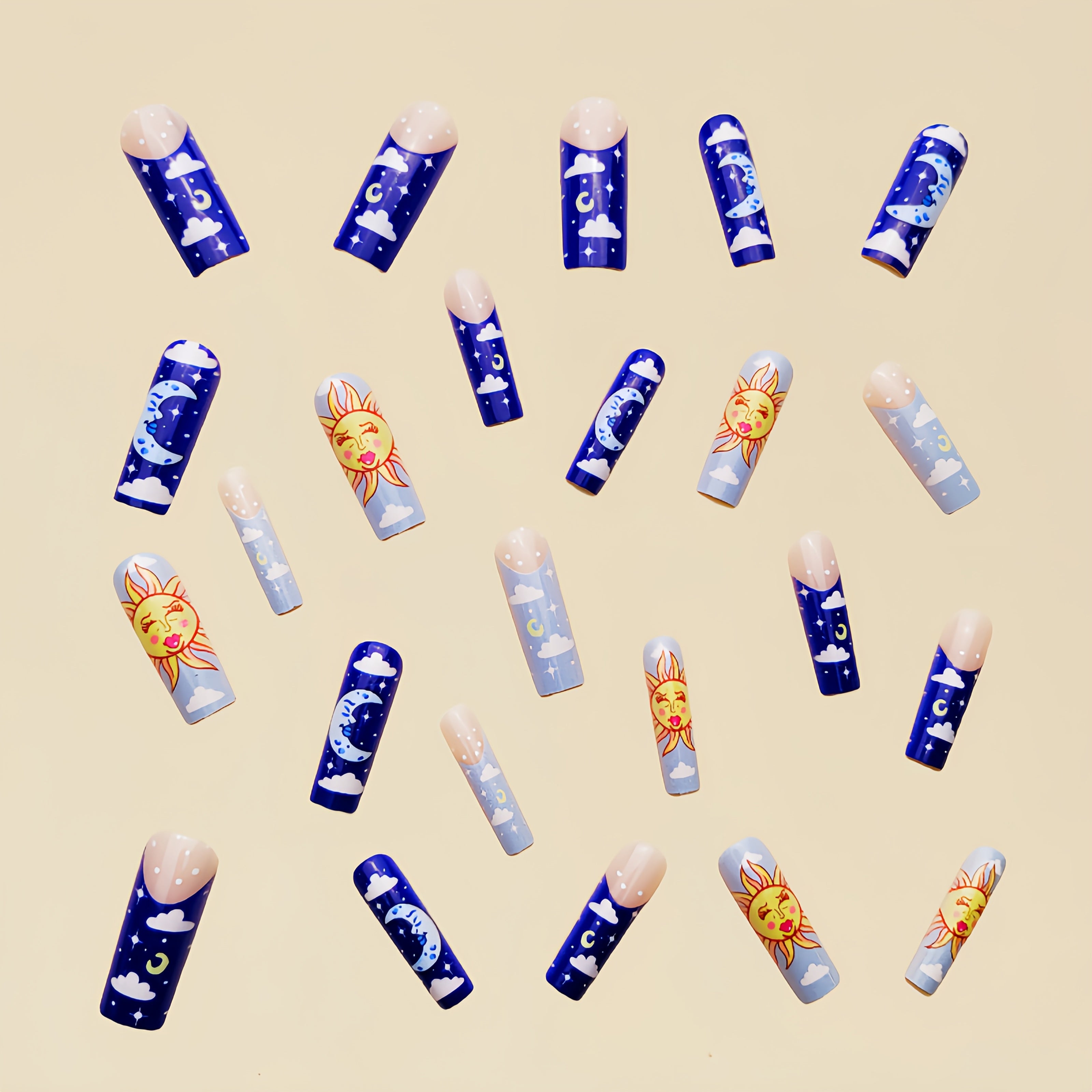 Long Ballet Blue Sun Moon French Fake Nails