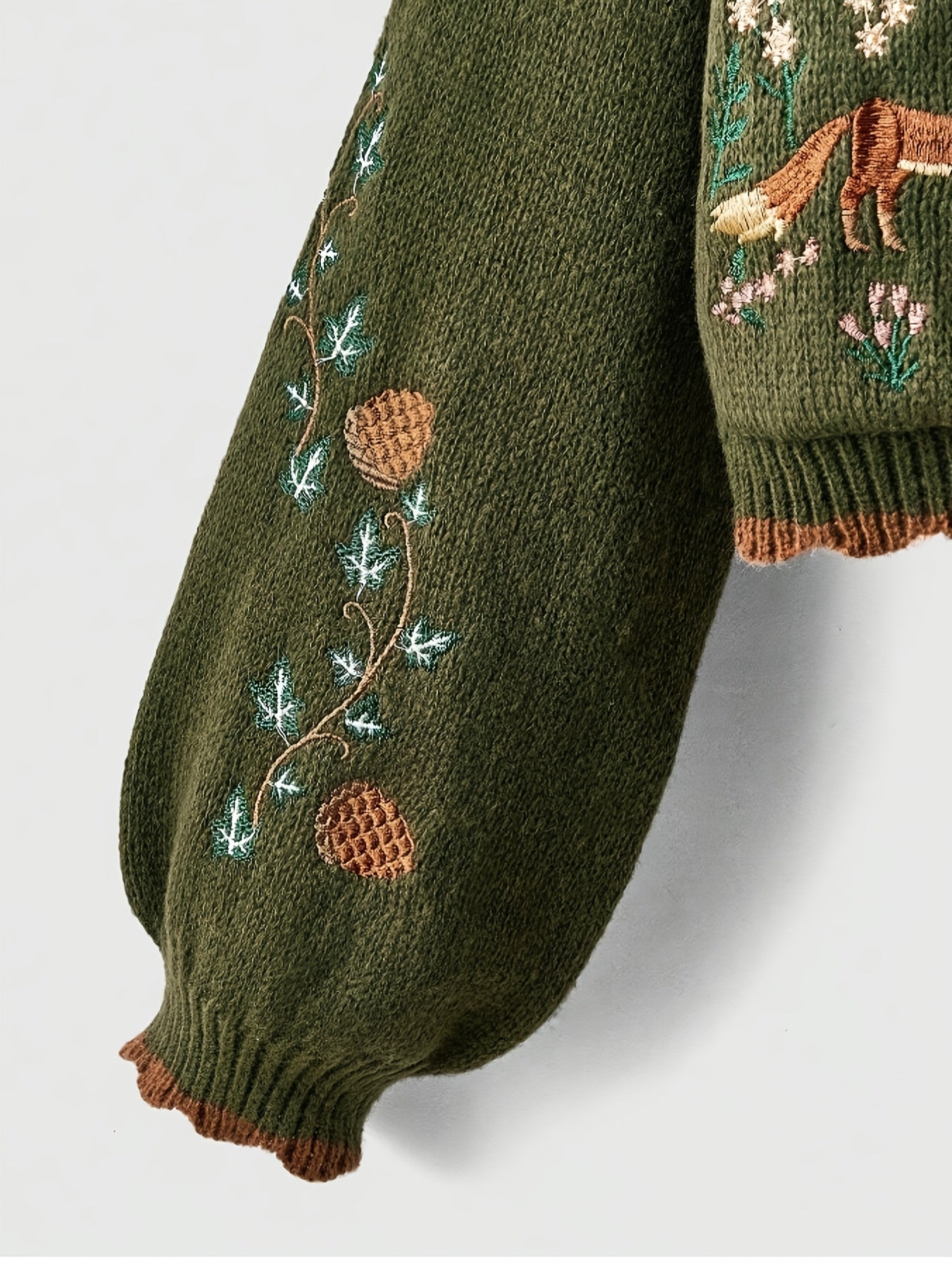 Elegant V-Neck Cardigan with Fox & Floral Embroidery