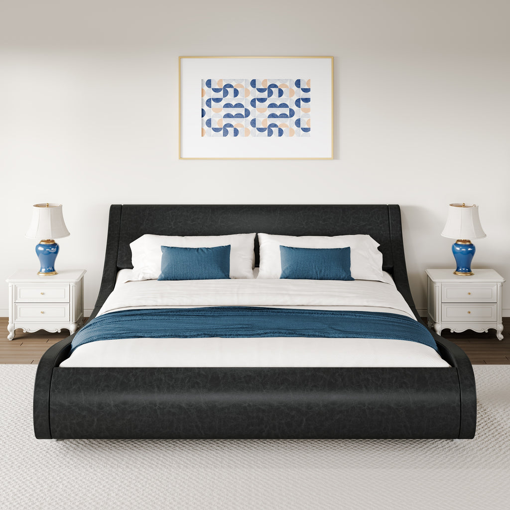 WEEWAY Modern Upholstered Platform Bed Frame, Faux Leather Sleigh Bed With Adjustable Headboard, Strong Wood Slats Support, No Box Spring Needed