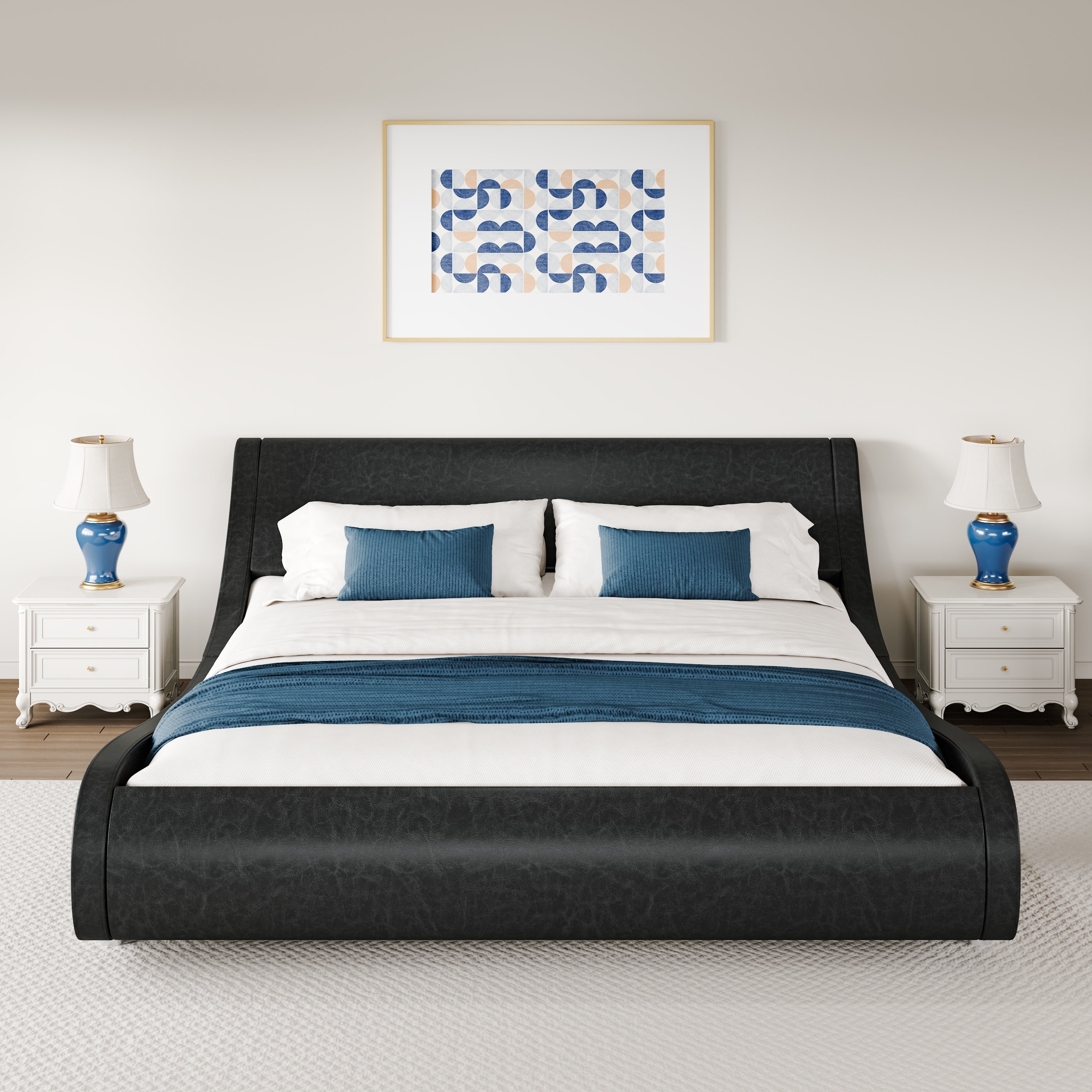 WEEWAY Modern Upholstered Platform Bed Frame, Faux Leather Sleigh Bed With Adjustable Headboard, Strong Wood Slats Support, No Box Spring Needed