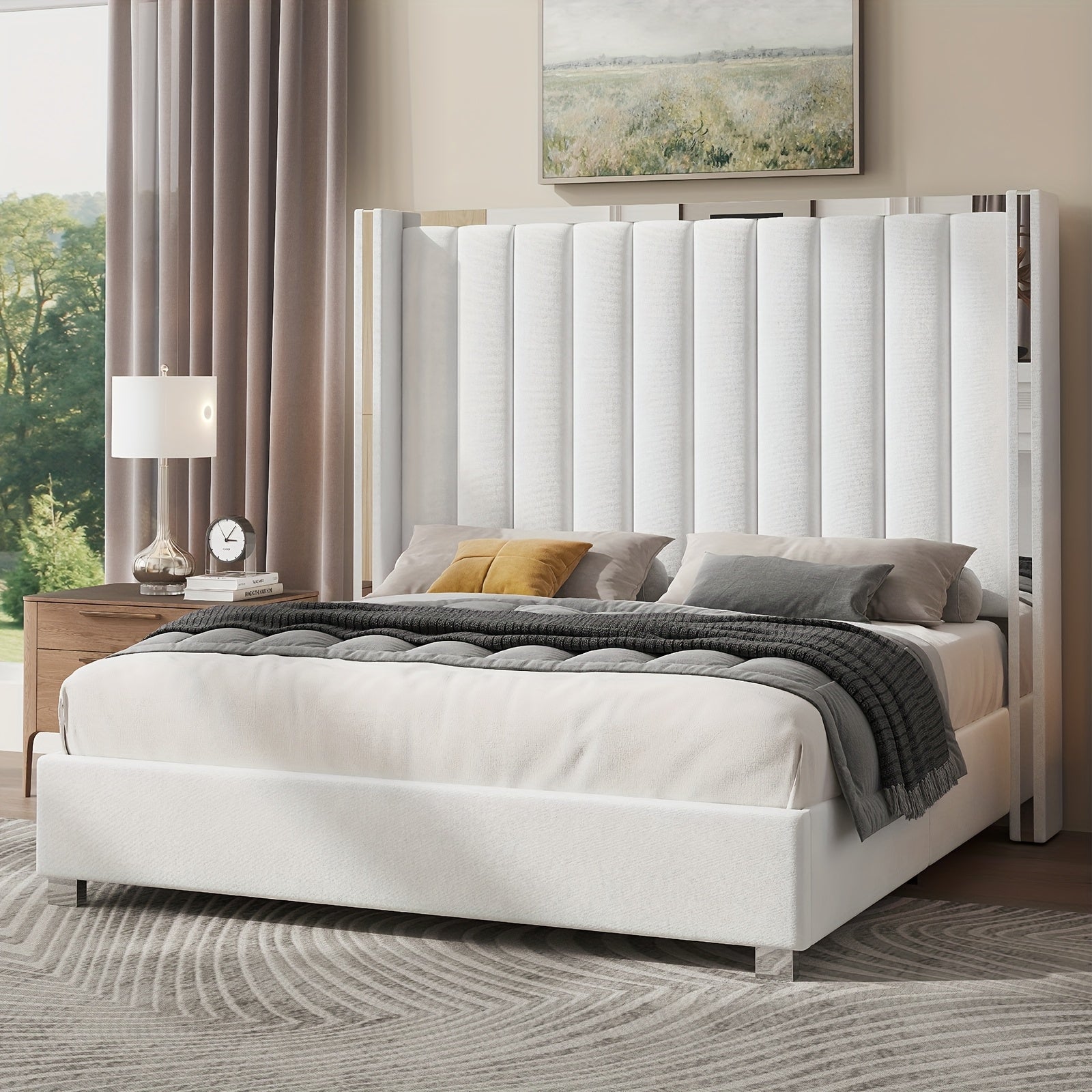 Modern Velvet Platform Bed with Channel Tufted Wingback Headboard