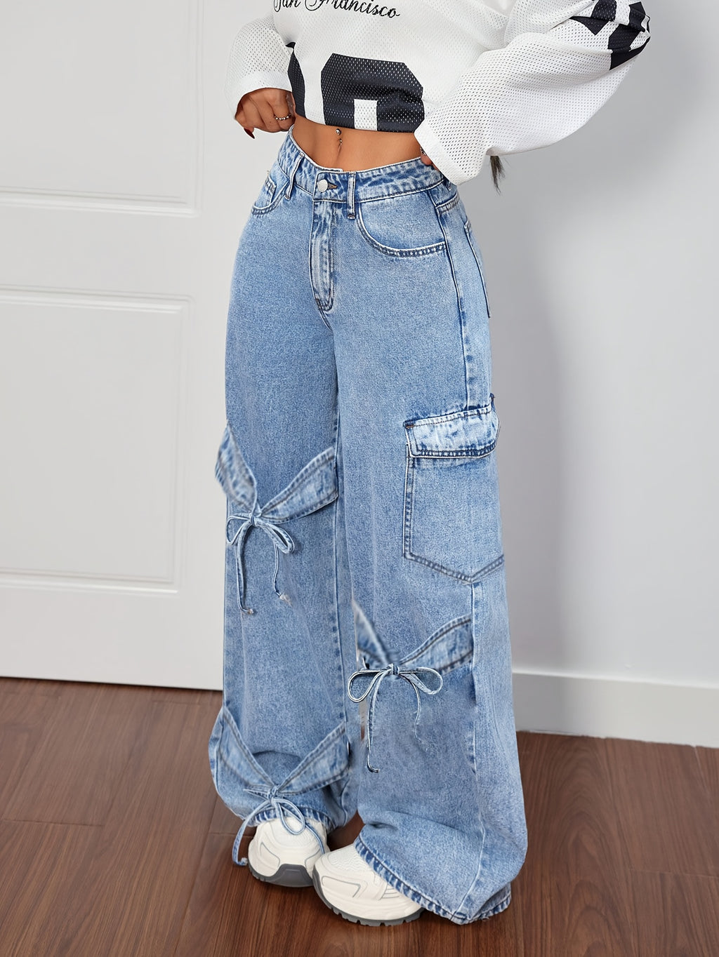 Denim Curved Bow Side Pocket Straight Trousers