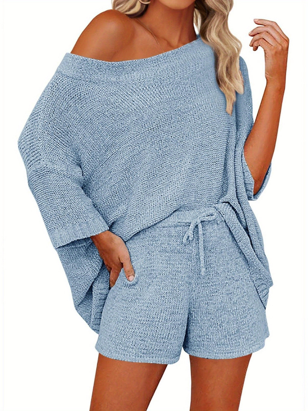 Women's 2pcs Outfits Sweater Sets Off Shoulder Knit Top Shorts Matching Suits Cute Pajama Lounge Set