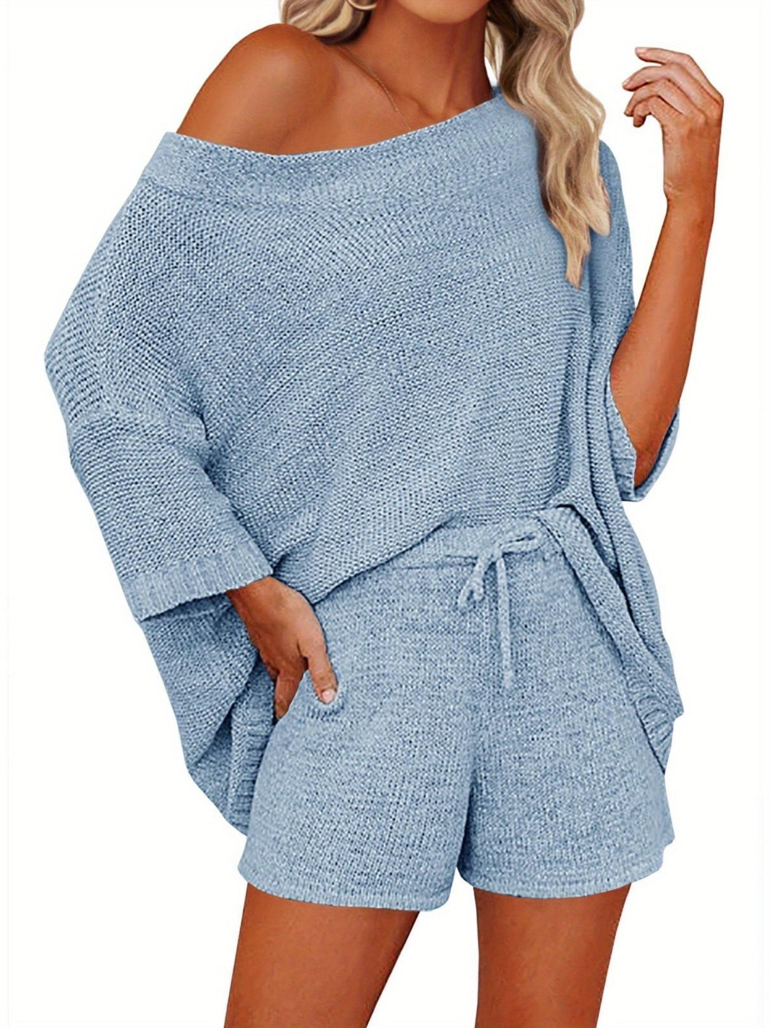 Women's 2pcs Outfits Sweater Sets Off Shoulder Knit Top Shorts Matching Suits Cute Pajama Lounge Set