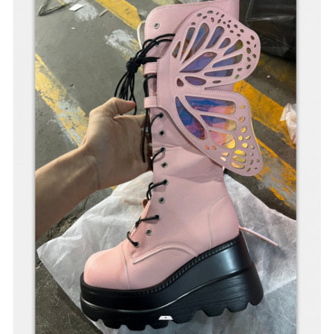 Punk Gothic Chunky Platform Boots with Butterfly Lace-Up Ankle & Calf Straps