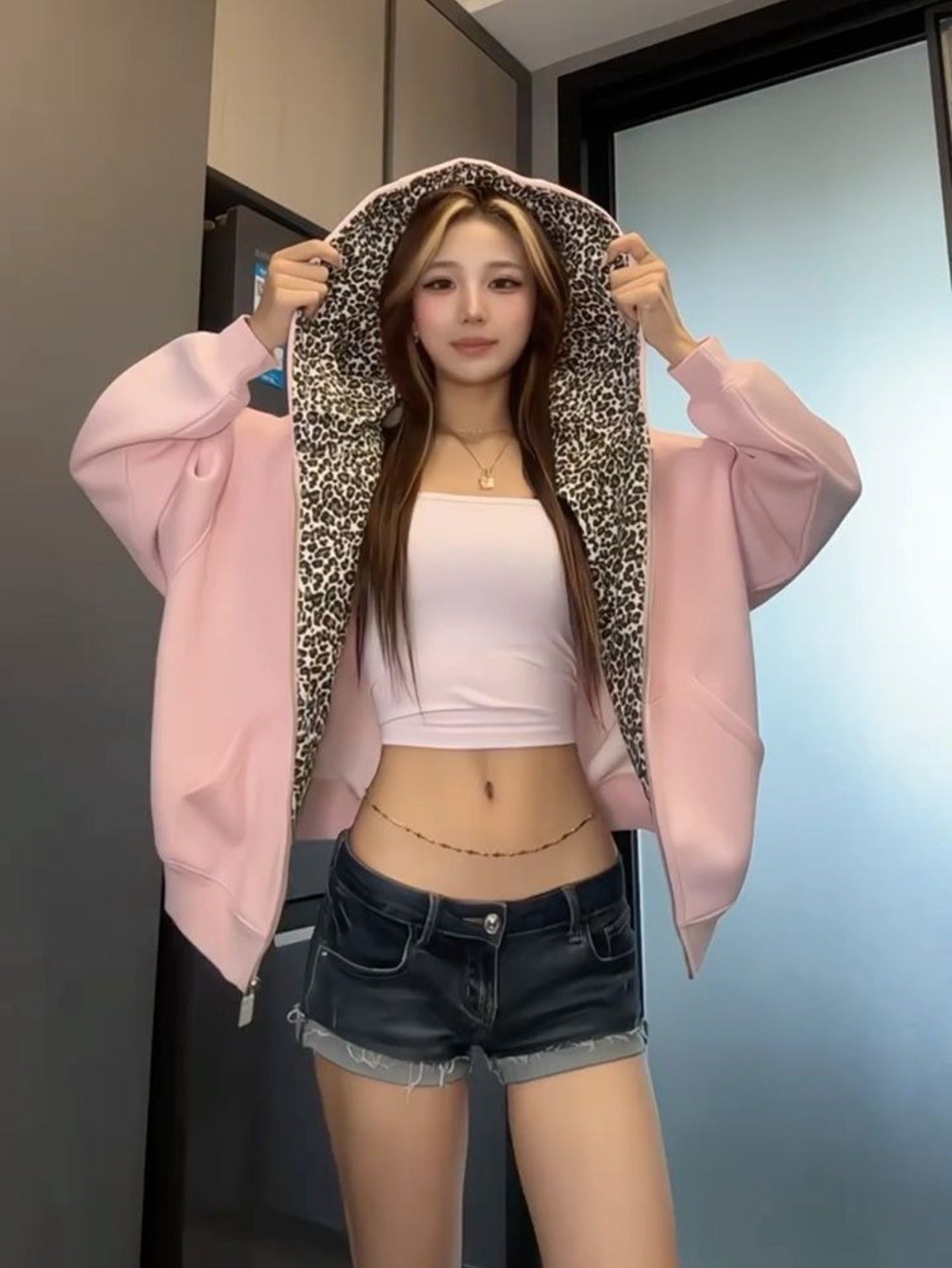 Leopard Print Hooded Jacket with Detachable Ear Flaps