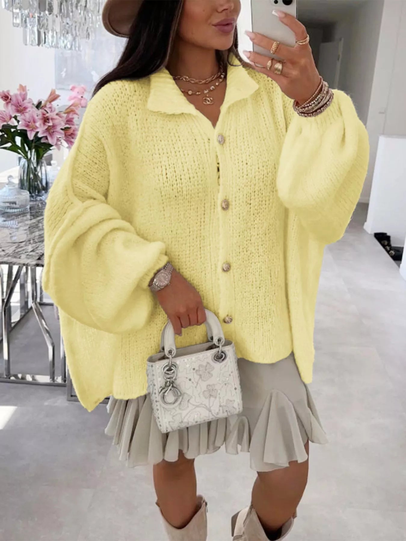 Oversized Knit Button-Down Batwing Sleeve Cardigan