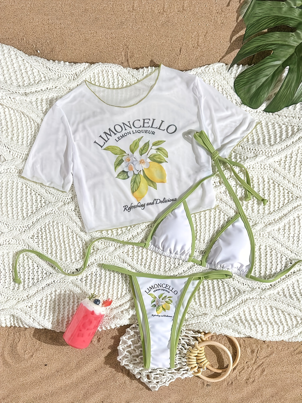 Letter Print Three-Piece Swimsuit Set with Halter Neck Top and High-Cut Triangle Bottoms Cherry Print