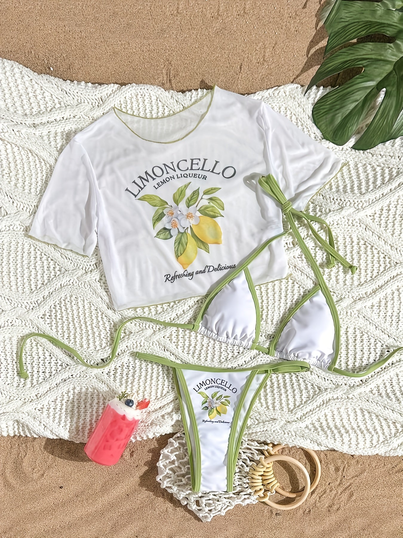 Letter Print Three-Piece Swimsuit Set with Halter Neck Top and High-Cut Triangle Bottoms Cherry Print