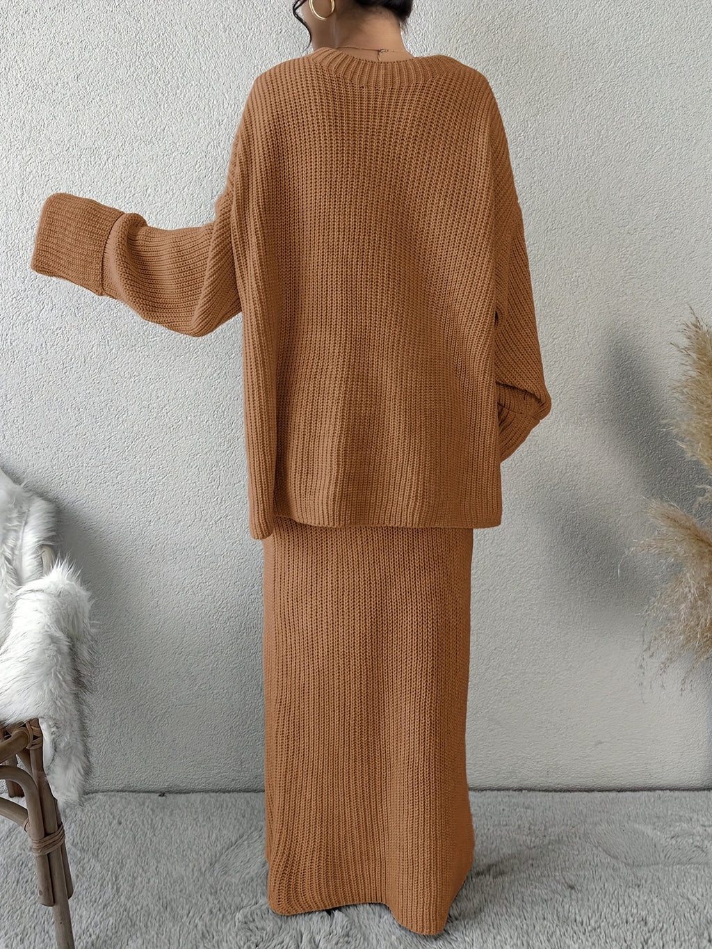 Drop Shoulder Ribbed Crew Neck Sweater Set and Maxi Dress