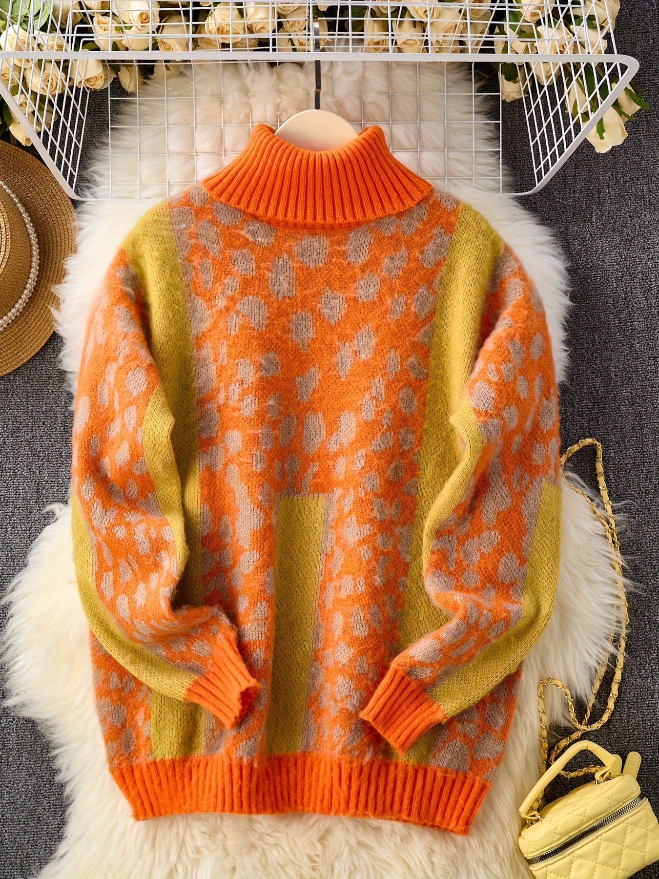 Vintage Leopard Print Contrast Color High Neck Loose Lazy Soft Long Sleeve Sweater