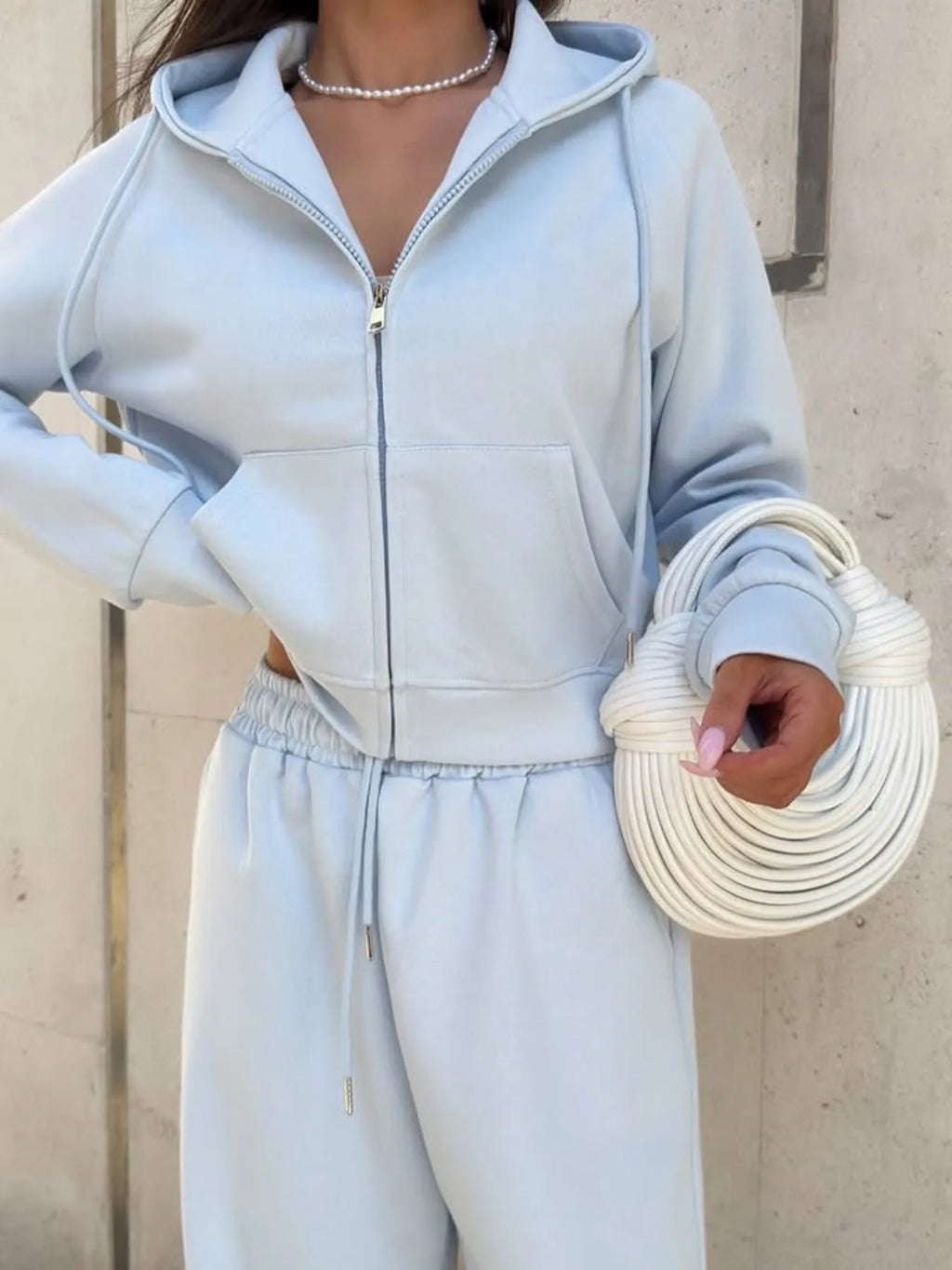 Zip Up Drawstring Hoodie and Pants Set