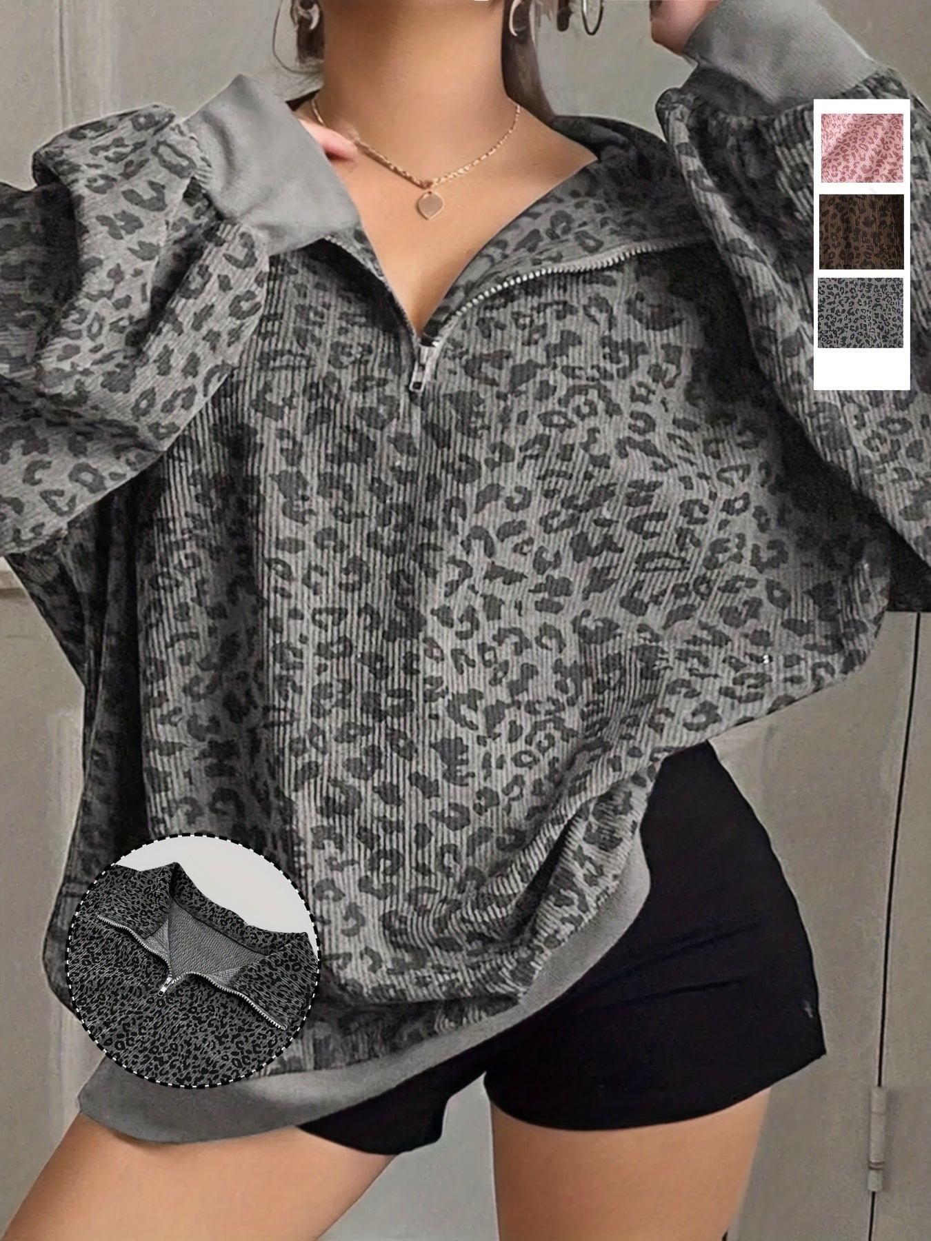 Oversized Corduroy-Textured Leopard Print Sweatshirt