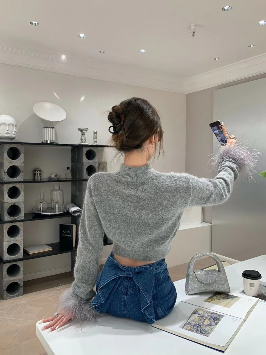 High-Waisted Wide-Leg Distressed Bow-Accent Denim Jeans