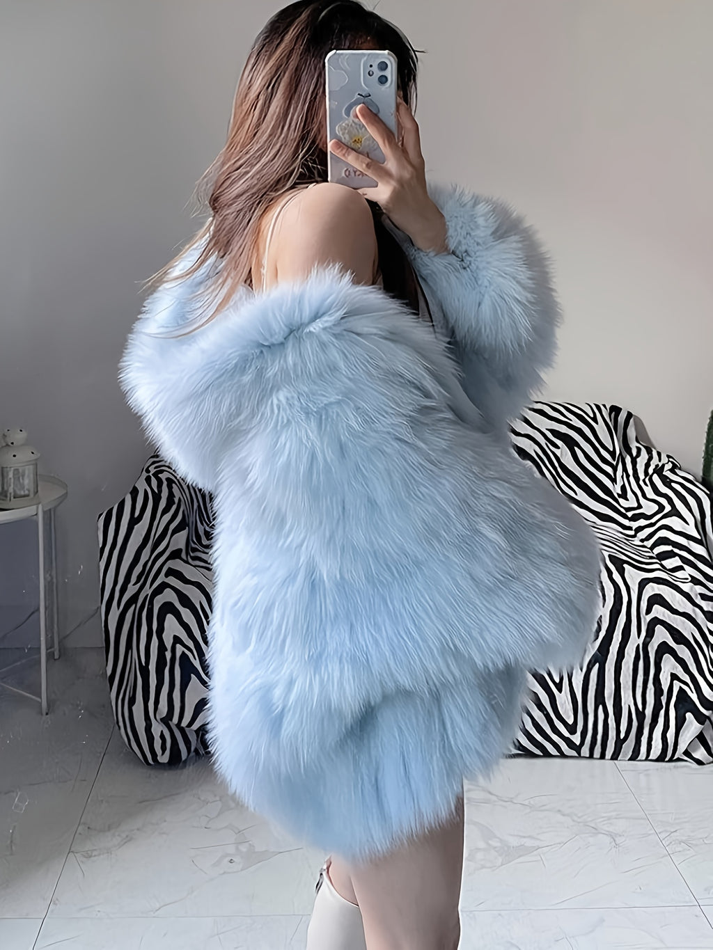 Women's Faux Fur Hooded Jacket - Elegant Winter Coat with Hood, Soft Fuzzy Outerwear, Machine Washable Long Sleeve Blue Coat for Fall & Winter, Cozy Jacket for Parties,, or Casual Wear (No- Design)