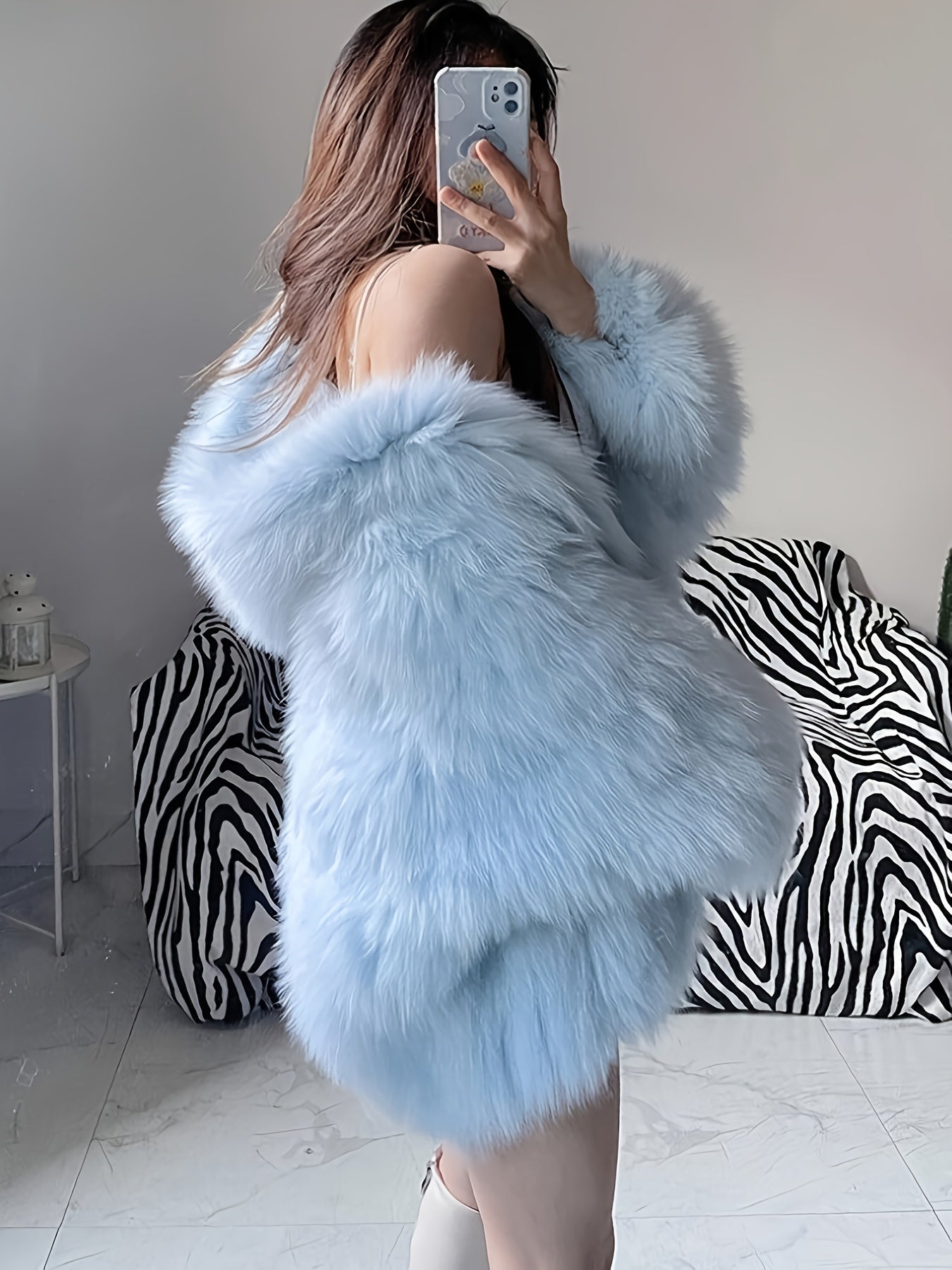 Women's Faux Fur Hooded Jacket - Elegant Winter Coat with Hood, Soft Fuzzy Outerwear, Machine Washable Long Sleeve Blue Coat for Fall & Winter, Cozy Jacket for Parties,, or Casual Wear (No- Design)