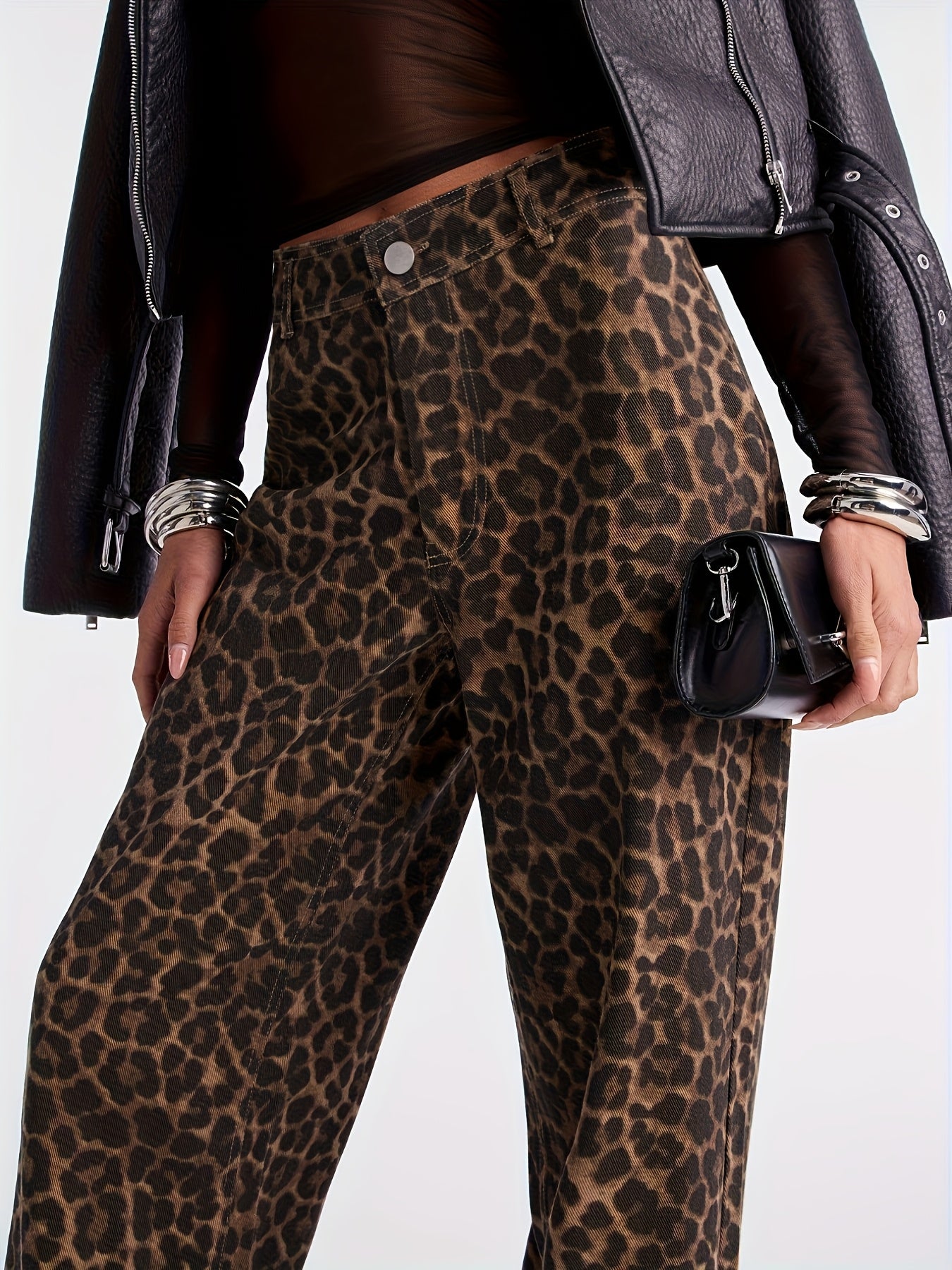 High-Waisted Loose-Fitting Leopard Print Wide-Leg Pants