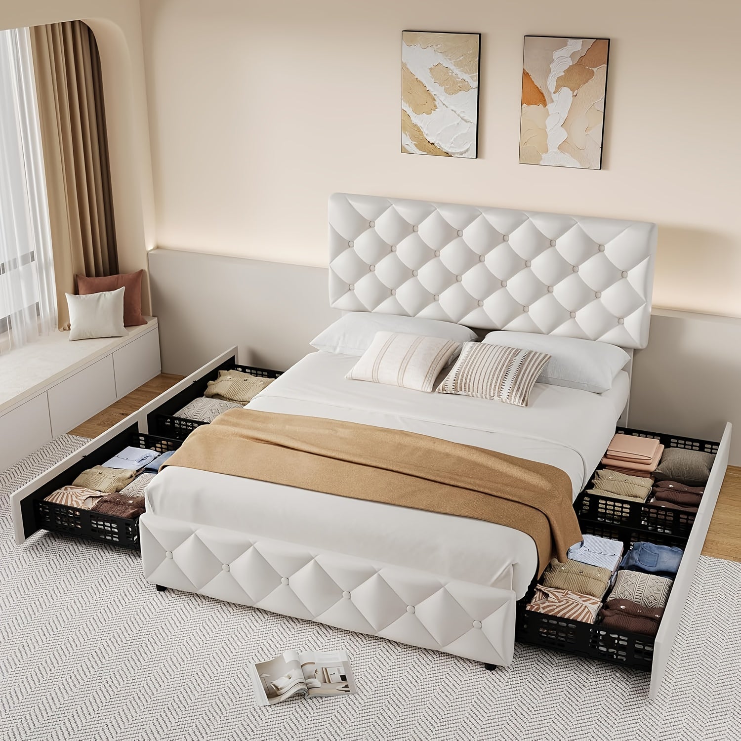 Bed Frame with 4 Storage Drawers And Headboard with Wood Slat Supports, Button Tufted Design, No Box Spring Required