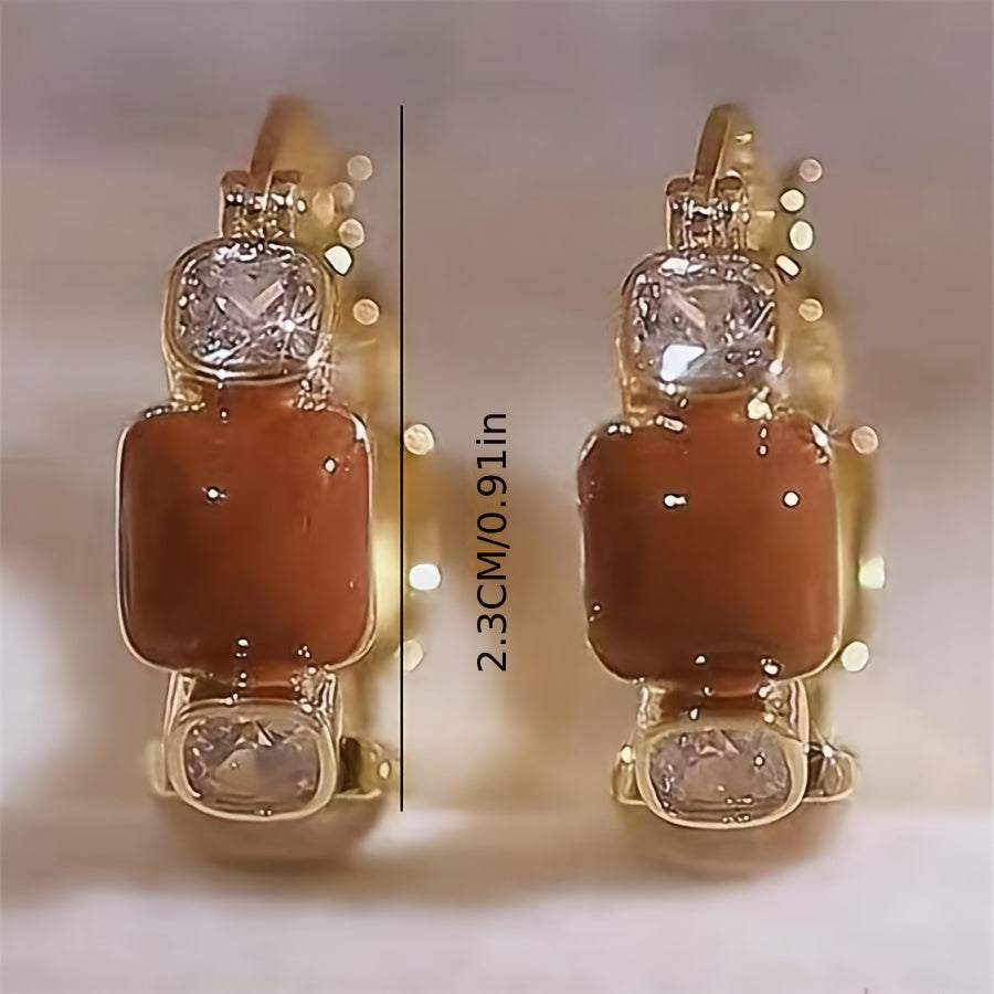 14K Golden Plated Zinc Alloy Hoop Earrings with Artificial Crystal Mosaic, Geometric Enamel Design