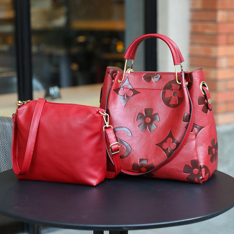 Floral Embossed Synthetic Leather Satchel Handbag